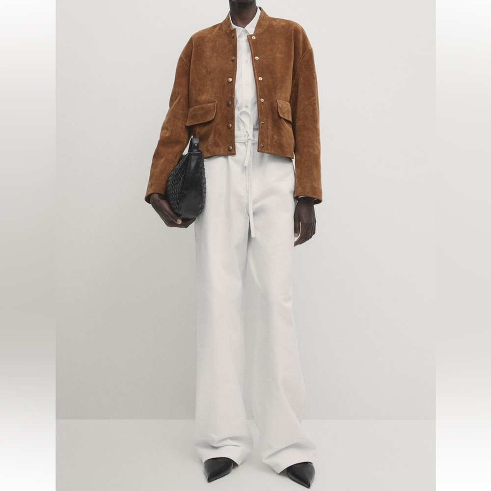 Massimo Dutti Suede Leather Bomber Jacket with Gold Snap Buttons
